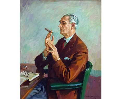 Walter Langhammer (1905-1977)Oil on canvas Half-length portrait of gentleman seated at table with cigar, Kenneth Woollcombe W