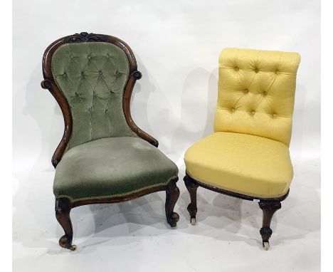 Early Victorian bedroom chair with mahogany frame, carved top rail, sage green button-back upholstered back and serpentine fr