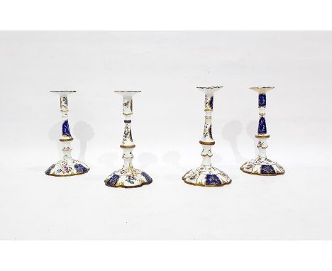                                     Matched set of four 18th century English enamel table candlesticks, possibly Bilston, eac