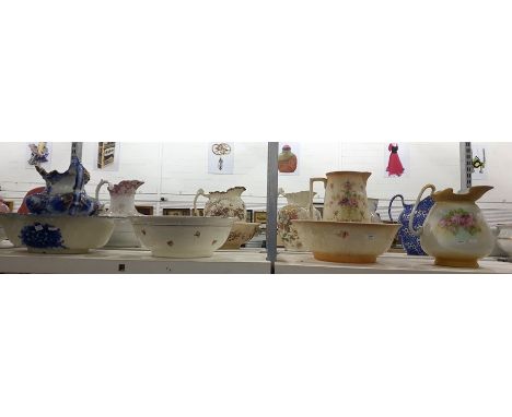 Edwardian ewer and basin decorated with roses, another two ewers, and two basins ( not matching)