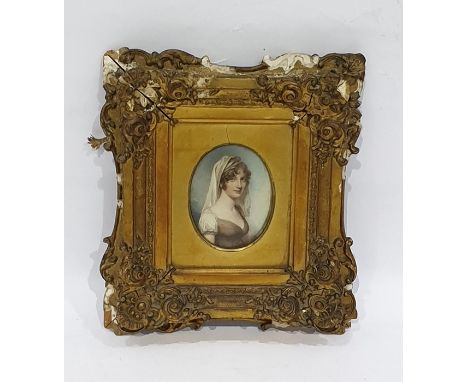                                     Early 19th century oval portrait miniature of a young lady in white headdress and brown d