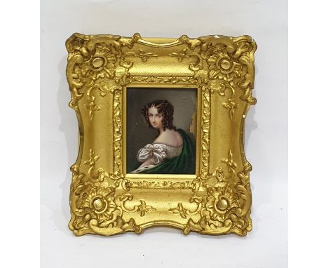 20th century portrait miniature in the 18th century manner Young lady with brown ringlets, in white dress with green shawl