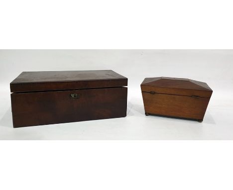 19th century mahogany tea caddy of plain sarcophagus-design, on bun feet and a Victorian mahogany writing box of plain rectan