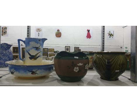 Edwardian ewer and basin decorated with swifts and two jardineres