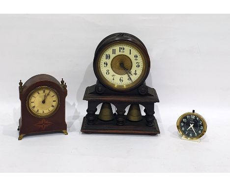 Edwardian mantel clock in inlaid mahogany case, an early 20th century mantel clock with circular ivorine dial, the movement s
