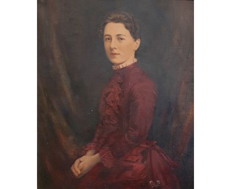 Unattributed Oil on canvas Half-length portrait of Sarah Louisa Woollcombe-Boyce (1856-1929), seated, in red dress, 53cm x 43