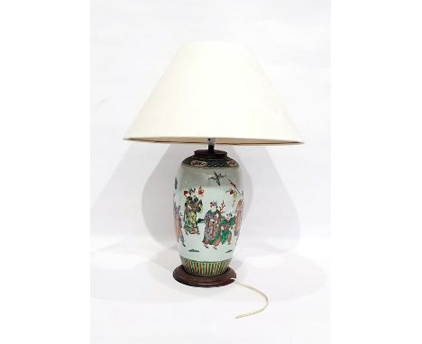 Chinese porcelain ovoid-shaped vase converted to lamp, famille verte ground enamel decoration depicting figures in garden 32c