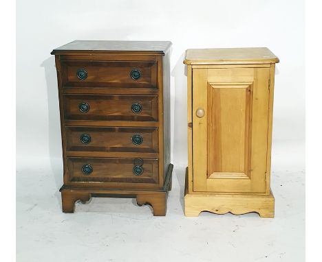 20th century single door pine pot cupboard, a 20th century yew chest of four drawers to bracket feet and&nbsp;a bedside chest