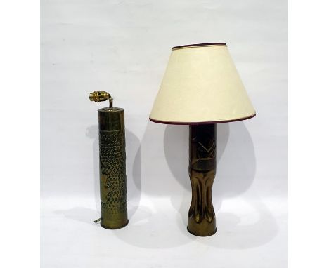 Two shell case lamp bases, both with hammered decoration (2) 