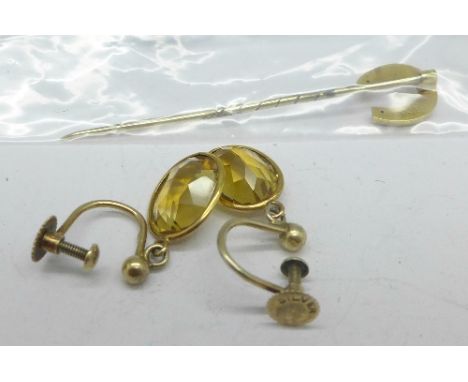 A pair of silver gilt and citrine earrings and a 15ct gold stick pin