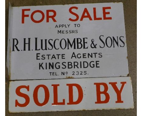 Two enamel signs including double sided Luscombe & Sons