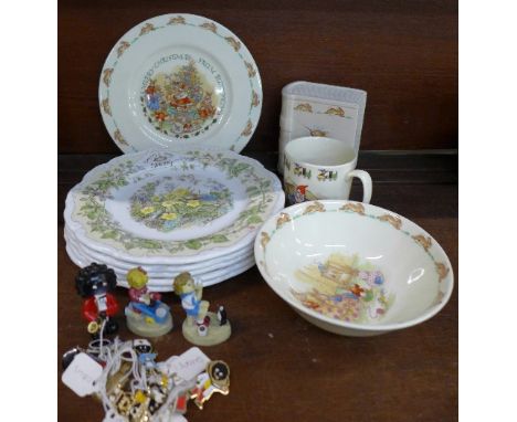 Three items of Royal Doulton Bunnykins china, a Noddy mug, five Royal Doulton Brambly Hedge plates and a collection of Golden