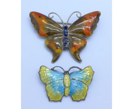 Two silver and enamel butterfly brooches, 51mm and 34mm
