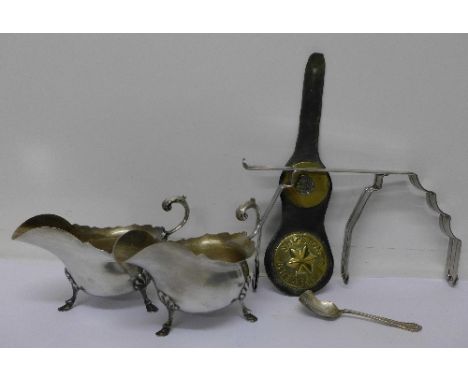 A George V swagger stick, a Shipstones Brewery horse brass, two plated gravy boats, a plate stand and caddy spoon