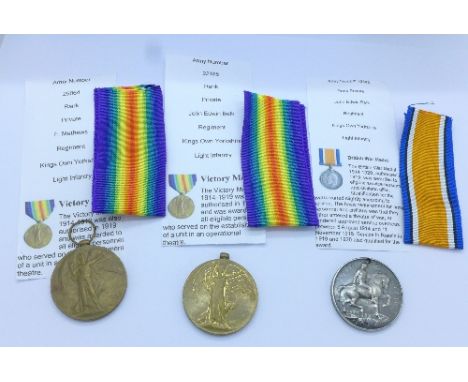 A pair of WWI medals to 22485 Pte. John Edwin Belk, Yorkshire Light Infantry and a Victory Medal to 25064 Pte. F. Matthews Yo