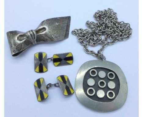 A R. Tennesmed Sweden pendant and chain, a silver 1930's dress clip and a pair of silver and enamel cufflinks