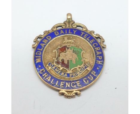 A 9ct gold and enamel fob medal, Midland Daily Telegraph Challenge Cup, with inscription dated 1918, 9.8g