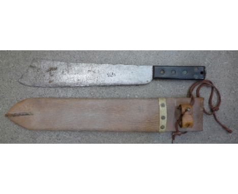 A WWII machete, the blade marked J.J.B., 1943, with broad arrow, the leather scabbard marked 1944