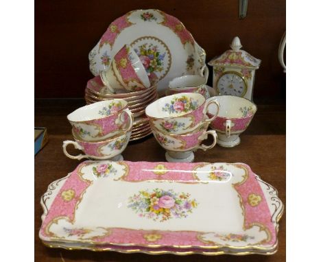 Royal Albert Lady Carlyle teaware comprising six cups, saucers and side plates, three sandwich plates, cream, sugar and a clo