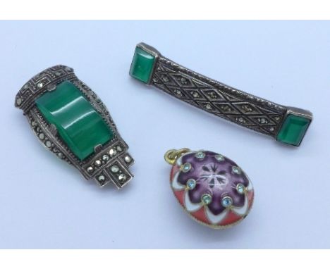 A Russian enamel egg, a silver and marcasite brooch and an Art Deco clip