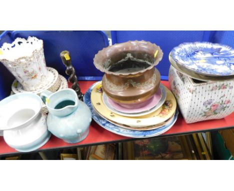 Collectors ceramics, part tea wares, copper acorn bowl, barley twist candle stick, etc. (a quantity)