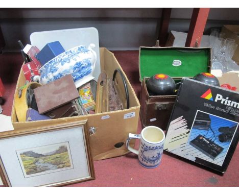Lawn Green Bowls (x 5), cuckoo clock, tambourine, etc:- Two Boxes