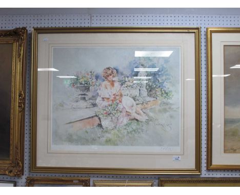 Gordon King Signed Framed Print of a Woman Sat On a Step Looking at Flowers, signed in pencil bottom right 52 x 58cm.