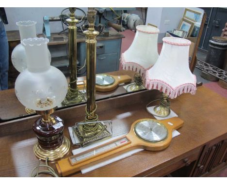 Two Brass Table Lamps with Shades, ceramic lamp, comitti barometer (4).