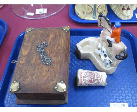 Smoking Memorabilia: An Edwardian 'Cigarettes' box with decorative corner shields, 19cm wide and key, a porcelain china hunti