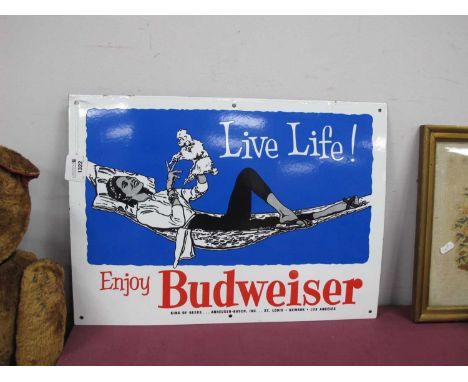A Mid to Late XX Century Enamel Advertising Sign - "Live Life Enjoy Budweiser" - American origin (50cm x 36.5cm).