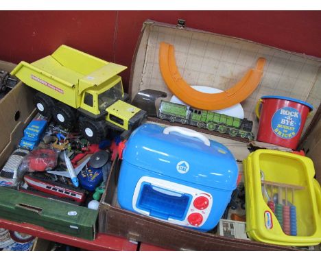 Spiderman Figures, other figures, powerhouse, dump truck, British Railways, tin train, abacus etc. 2 Boxes