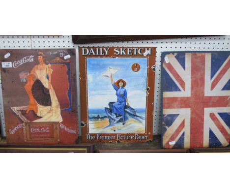 Three Repro Metal Signes, Daily Sketch, Coca-Cola, and a Union Jack (3) 40 x 30cm.
