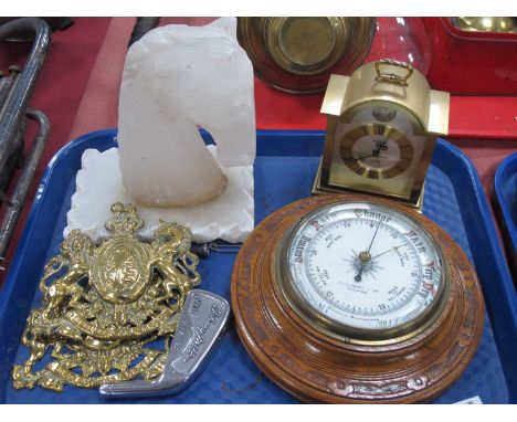 Swiza Mantle Clock, alabaster horse head, brass coats of arms, aneroid barometer, golf club head and tee:- One Tray