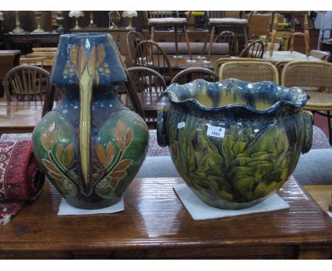 Art Pottery Jardiniere, circa early XX Century, incised with windmill, sun, and birds, attached ring handles 38m wide, a simi