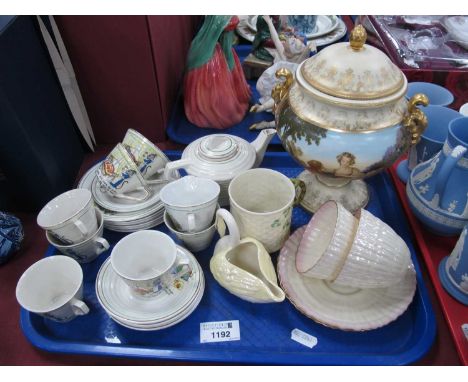 Belleek Mug, cups &amp; saucers, plus swan posie, nursery tea war, Continental urn:- One Tray