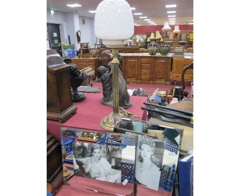A Circa 1930's Art deco Table Lamp, with fanned milk glass shade, 48cm high, plus a pair of Art Deco picture mirrors, contain