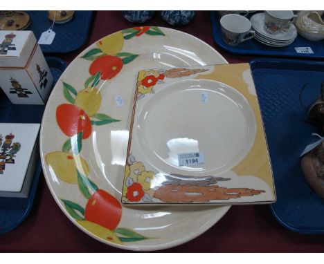 A Clarice Cliff printed marks citrus pattern oval meat plate (Newport Pottery) 42cm w, a Clarice Cliff the Biarritz cape rect
