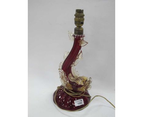 Murano Ruby Glass Table Lamp, in the form of a Dolphin, 26.5cm excluding fittings and shades (upper leaf chip).