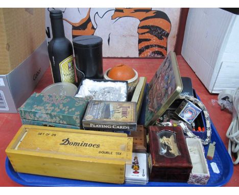 Oriental Jadeite Seals 7 &amp; 4.5 high, playing cards, dominoes, Pierre Cardin lighter, fan, medicine balls, etc:- One Tray.