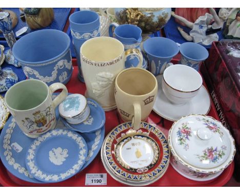Wedgwood blue Jasperware vases, plates and jugs, commemorative cups and saucers etc. 1 Tray