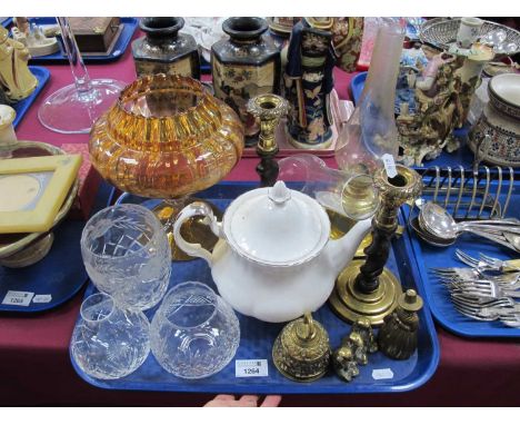 Oil Lamp, Royal Albert Chantilly teapot. Barley twist oak and brass candlesticks. Tutbury glass bowl, etc:- One Tray