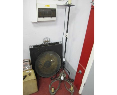 Wrought Iron Standard Lamp &amp; Ceiling Light, fire screen, print and gong, 748cm diameter (5)