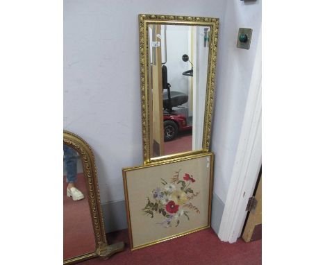 A Rectangular Gilt Mirror, with Bevelled Glass,(124cm high), together with a framed tapestry of flowers (2)