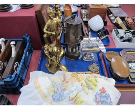 Brass Miners Lamp (The Protector Lamp &amp; Lighting Co Ltd), No 168, two brass figures of miners, plated sugar scuttle, tren