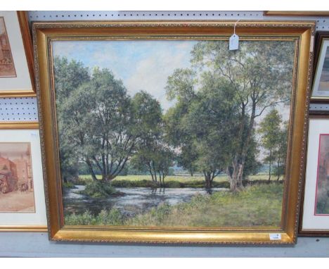 Vincent Plant, Countryside Scene with Trees and River in Foreground, Sheep in Distance, oil on board, signed lower right, 62 