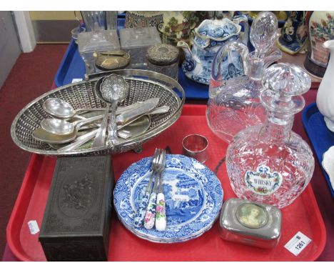 Hallmarked Silver Napkin Ring with a Silver Plate Basket and Cutlery, three Copeland Spode plated glass decanter, plus jug wi