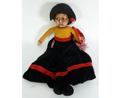 CHAD VALLEY HYGIENIC TOYS SPANISH DOLL, with painted moulded felt face and velvet limbs, with Chad Valley button, 19" (48.3cm