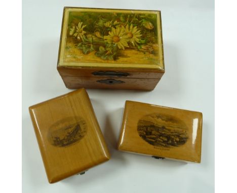 NINE MAUCHLINE WARE BOXES WITH COLOUR LITHOGRAPH TOPS, also eleven other boxes with all bar one a printed of photographic top