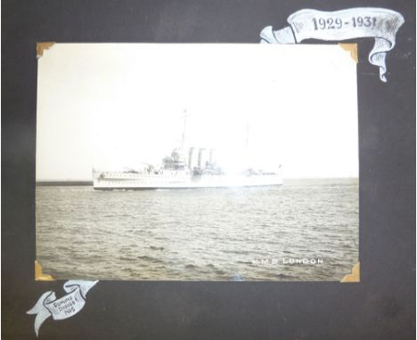 H.M.S. LONDON SHIPS SOUVENIR BLACK FABRIC CLAD PHOTOGRAPH ALBUM, the front cover embossed H.M. London 1929-1931, and with lin