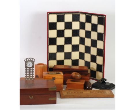 NINETEENTH CENTURY AND BRASS BOUND SMALL INSTRUMENT BOX, 3 ½" x 9 ½" x 5 ½" (8.9cm x 24.2cm x 14cm), THREE OTHER BOXES AND OT